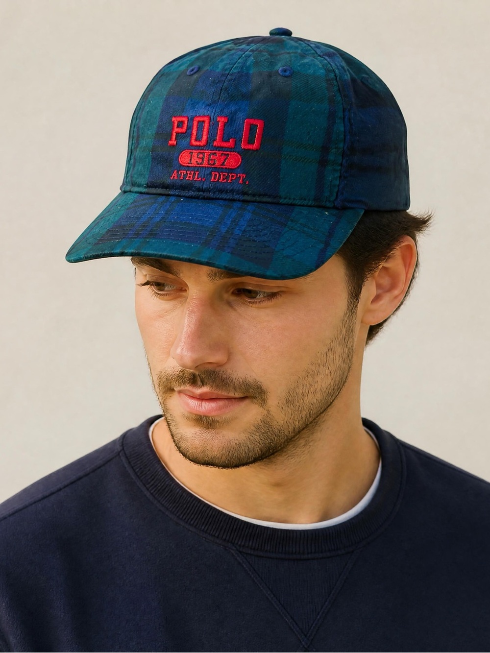 Ralph Lauren Plaid Baseball Cap in Green and Blue with Red Embroidery